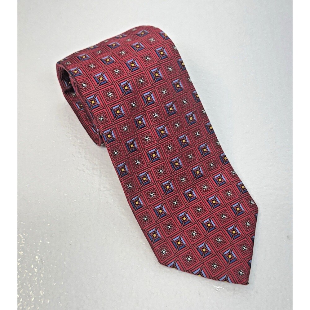 JZ Richards Boulder Red Silk Woven Geometric Neat Pattern Thick Tie Made in‎ USA